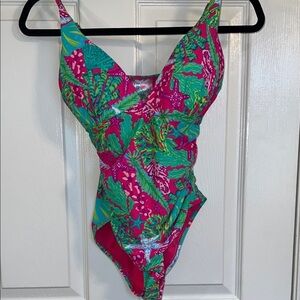 Vibrant Pink and Green Women's One-Piece Swimsuit- Size S